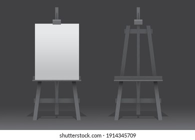 Wooden Easel Stand With Blank Canvas On Black Background