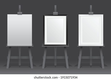 Wooden easel stand with picture frame on black background