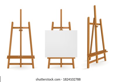 Wooden easels or painting art boards with white canvas front and side view. Artwork blank posters mockup. Wood stands empty and with paper, artist equipment, Realistic 3d vector illustration, set