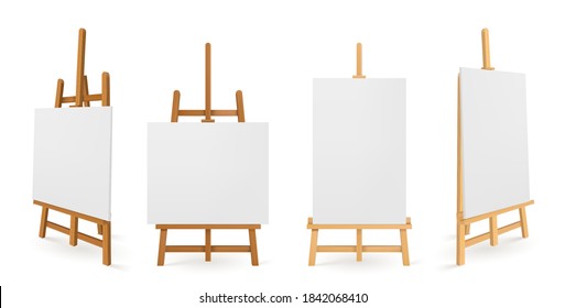 Wooden easels or painting art boards with white canvas front and side view. Artwork blank posters mockup. Wood stands with paper or cloth, artist equipment, Realistic 3d vector illustration, templates