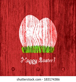 Wooden Easter Background - painted eggs and grass on old brushed fence. EPS10 vector.