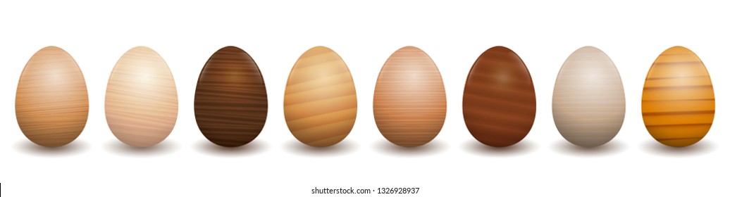 Wooden Easter eggs. Different species of wood types - set of eight polished, varnished, textured samples - brown, dark, gray, light, red or yellow decor models.
