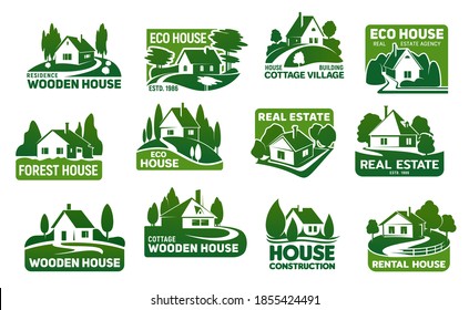 Wooden eco houses, real estate buildings vector icons. Cottage symbols with green trees and lawn, garden, path or driveway and fence. Eco design, landscaping service and real estate company emblems