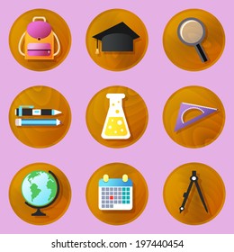 Wooden education icons set of backpack flask graduation hat isolated vector illustration