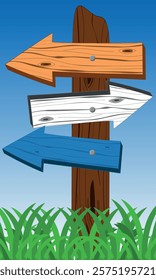 Wooden effect retro Signpost with different colour arrows pointing in different directions, options or career or life choices concept, Cartoon wood texture