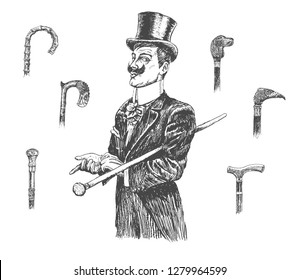 Wooden elegant cane stick vector set. Gentlemen's vintage accessories doodle collection. Portrait of the Gentleman in a tuxedo and a top hat, holds a cane in hand