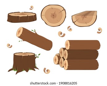 Wooden elements, lumber wood logs and tree trunks. Wood trunks. Stacked lumber material, trunk twig and firewood logging twigs. Tree stump