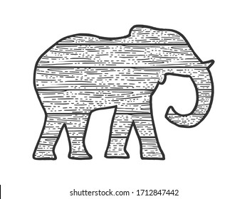 wooden elephant animal silhouette sketch engraving vector illustration. T-shirt apparel print design. Scratch board imitation. Black and white hand drawn image.