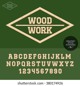 Wooden emblem for wood work. Vector set of letters and numbers