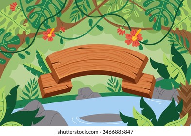 Wooden empty board in jungle forest concept. Vector flat graphic design illustration