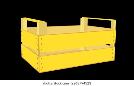 Wooden empty crate vector illustration isolated on black background. Wooden box for fruits, vegetables, goods. Distribution object for storehouse shipping. Agriculture products package. Organic pack.