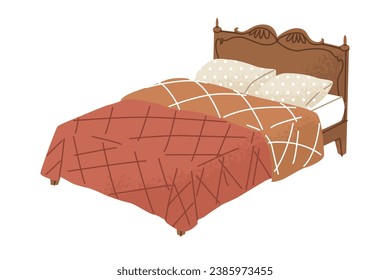 Wooden empty double bed with openwork headboard and cute linens. Bedroom decor, cozy home interior. Isolated vector illustration in cartoon style.