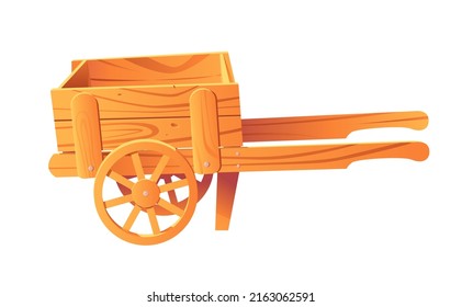 Wooden empty farm cart isolated on white background. Harvest Festival. Vector Cute Illustration in cartoon style.