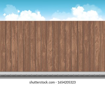 Wooden empty fence with sky and clouds in the background. Street with the sidewalk. Vector illustration