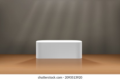 Wooden empty interior mockup with podium and mirror floor. Template for design. Vector 3d illustration
