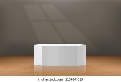 Wooden empty interior mockup with podium and sunlight effect. Template for design. Vector 3d illustration