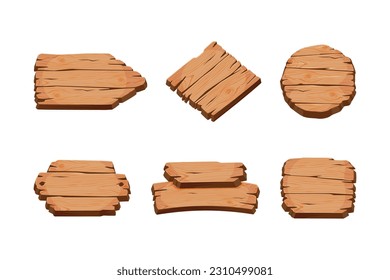 Wooden Empty Signboard Plank of Brown Timber Material Vector Set