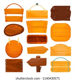 Panneaux en bois vides. Panneaux rouges pour afficher le nom ou le logo d'une entreprise ou d'un produit. Image vectorielle illustration dessinée à plat, illustration dessinée à la main isolée sur fond blanc