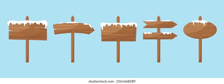 Wooden empty signboards and pointers set. Wooden billboards with snow. Arrow, round, and rectangular signboards. Vector Illustration