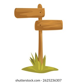 Wooden empty signpost standing on grass, giving directions, isolated on white background
