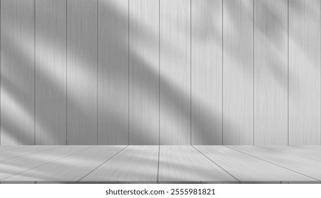 Wooden empty table background with soft sunlight,shadow for product presentation,White Wood panel studio room with wood striped table top for Spring,Summer sale banner
