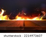Wooden empty table top with fire flames on dark background. Wood texture board in front with flying flakes from hot flame, glowing sparks and bright burning blaze realistic vector illustration.