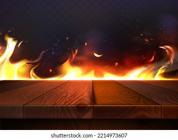Wooden empty table top with fire flames on dark background. Wood texture board in front with flying flakes from hot flame, glowing sparks and bright burning blaze realistic vector illustration.