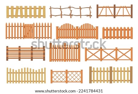 Wooden enclosures. Wood fence, timber palisade garden railing cartoon fences types farm or rural barrier, yard house gates panel border, neat vector illustration of barrier enclosure, wood timber Stockfoto © 