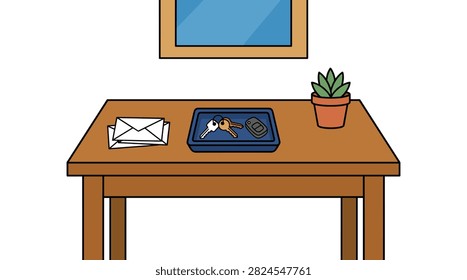 Wooden entryway console table holding mail tray with keys plus small potted plant for home organization and interior decor style.