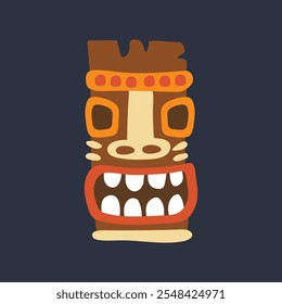 wooden ethnic statue with angry face in flat vector design.