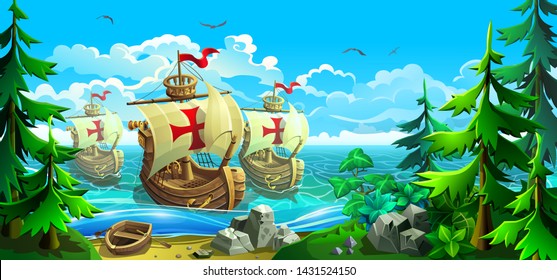 Wooden European ships with sails. Conquistadors conquer new lands. Rocky coastline with firs and sandy beach. Vector illustration.