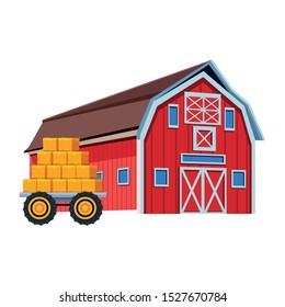 wooden farm barn and bales of hay load icon over white background, vector illustration