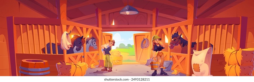 Granero de madera con caballos en establo rústico y granjeros alimentando y bebiendo animales. Caricatura Vector interior de la casa de rancho ecuestre con ganado en puesto, obreros y con heno y cubo.