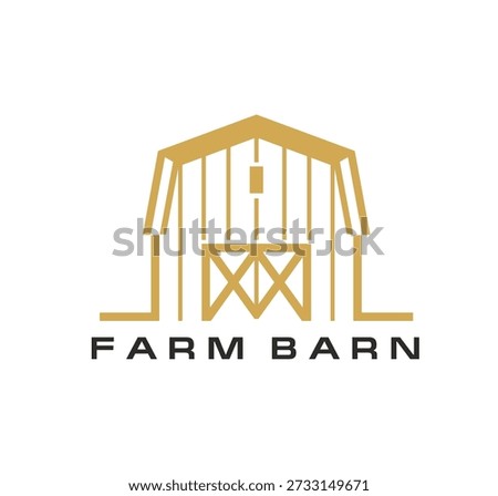 Wooden farm barn icon. Rustic vector emblem featuring a traditional wooden barn, capturing the essence of country life. Yellow house with black text for farm brands, ranch business, farmers market