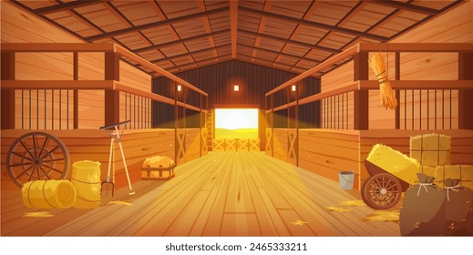 Granero de la granja de madera en rancho, casa de campo con cobertizos de madera para vacas y caballos, heno para la Ilustración vectorial de dibujos animados de alimentación animal. Estable vacío en el interior, vista en perspectiva del pasillo con puestos y puerta