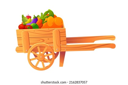 Wooden farm cart with fruits and vegetables isolated on white background. Harvest Festival. Fresh Organic Products from Local Farmers Market. Vector Cute Illustration in cartoon style.