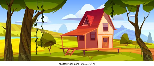 Wooden Farm House With Agriculture Fields And Garden. Vector Cartoon Summer Landscape Of Countryside With Green Hills, Lake, Trees And Small Cottage With Porch