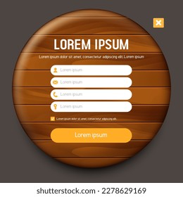Formulario de comentarios de madera. Clipart vector aislado en fondo marrón.