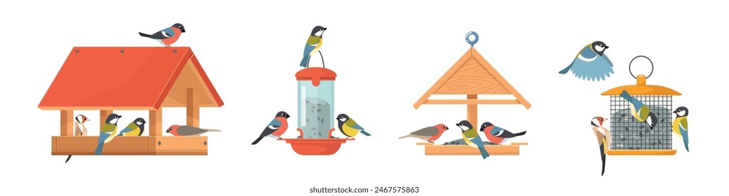 Wooden feeders with birds. Colorful houses with tits, bullfinches and goldfinches, winter care and fertilizing, places for grains, different birdhouse, cartoon flat isolated vector set