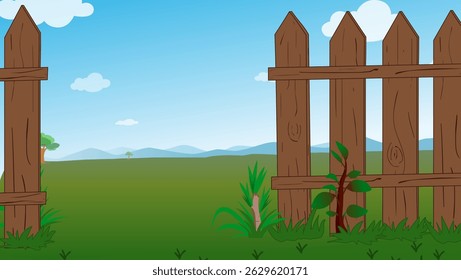 Vetor de fundo de cerca de madeira, Vetor de paisagem verde, Vetor de cerca de madeira de jardim, Ilustração