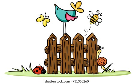 Wooden fence with bird and bugs
