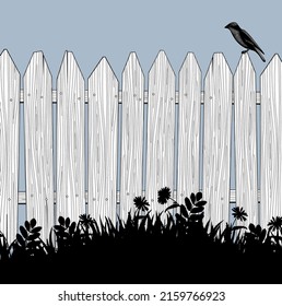 A wooden fence with a bird sitting on it and black silhouette of growing grass. Vintage color engraving stylized drawing. Vector illustration