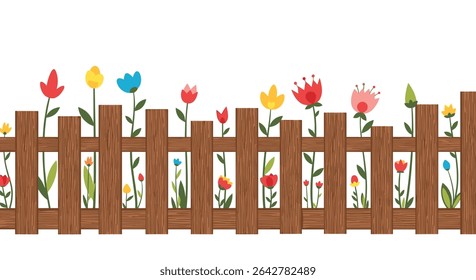 Uma Cerca De Madeira Limitada Por Flores De primavera Coloridas E Verdura Exuberante Para Jardinagem