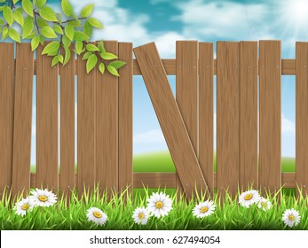 Wooden fence with broken plank on rural landscape background and a branch of a tree on the foreground.. Vector detailed illustration.