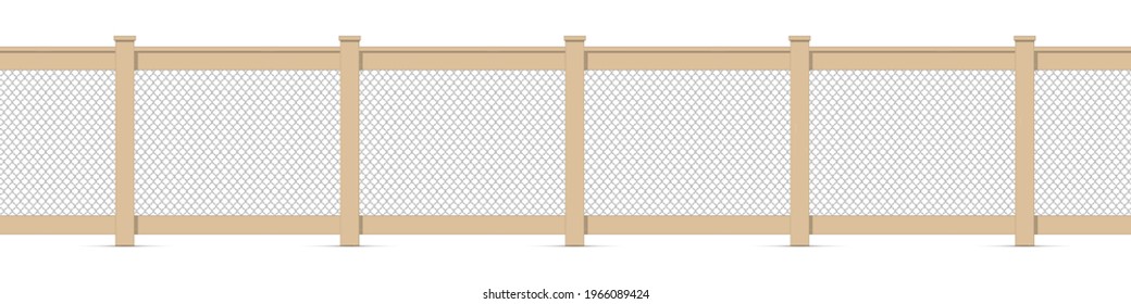 Wooden Fence With A Chain Mesh Fencing. Wood Garden Fence With Metal Wire Chain Link Fence. Horse Or Chicken Steel Wire Mesh. 3D Realistic Vector Illustration Isolated On White Background.