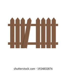 Wooden fence. Determination of the border. One board is broken off. A hole in the fence. Isolated element on white. Vector image.