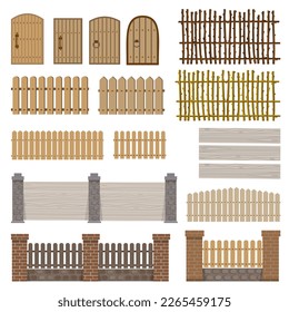 Wooden fence elements, wicker fence, pillars, wooden gates and doors. Vector illustration.