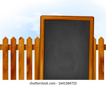 Wooden fence with empty chalkboard under blue cloudy sky - place for your text. Vector illustration.
