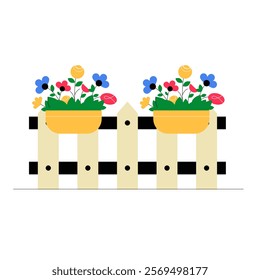 Wooden Fence With Flower Pots In Flat Vector Illustration Symbolizing Gardening, Outdoor Decor, And Nature, Isolated On White Background