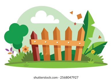  Wooden Fence Garden Colorful Cartoon Style Vector Image.wooden fence in a garden with a colorful cartoon style. Perfect for nature, outdoor, or whimsical design projects.